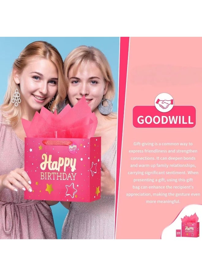 JOSQUEWNN Pink Happy Birthday Gift Bag with Tissue Paper and Greeting Card for Party,Happy Birthday Gift Bag for Men Women,Gift Bags Medium size(1 PCS 33*12*26cm Pink Hot Stamping) - Image 4